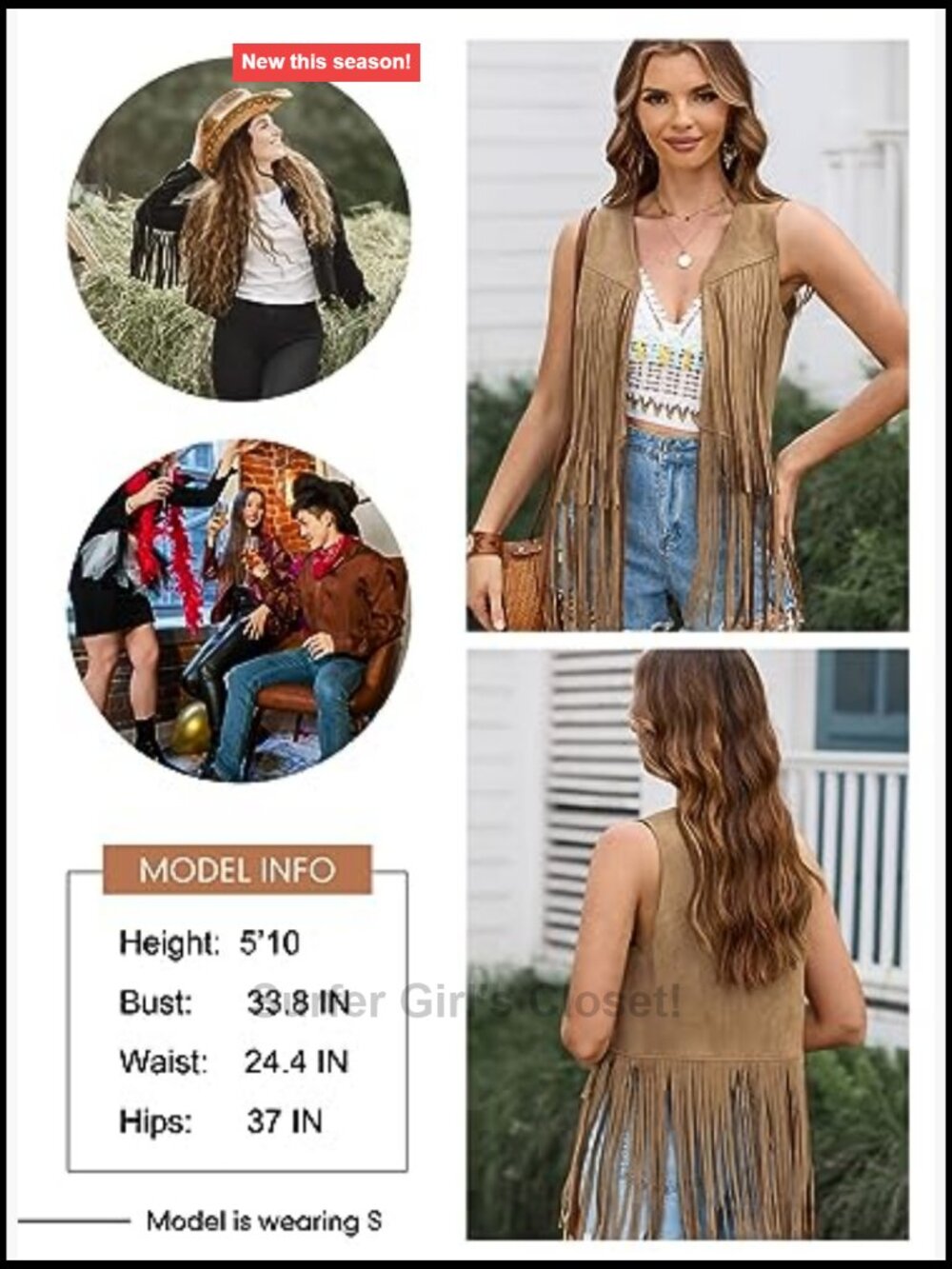 Women's Fringe Vest 70s Sleeveless Faux Suede Tassel Western Cowgirl Outfit - Picture 5 of 7